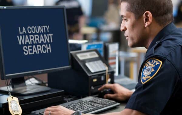 A cinematic shot of a police officer at a station desk. He is inputting data into a computer. The screen displays the text "LA County Warrant Search". There is a badge and a pen on the desk. The background is blurred and contains other officers and equipment.